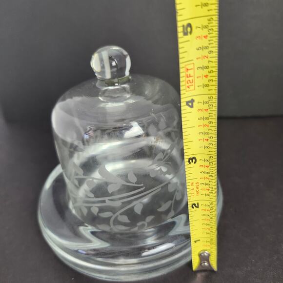 Vintage Miniature Glass Domed Butter Dish Etched Butterflies Vines Votive Candle - Picture 10 of 12
